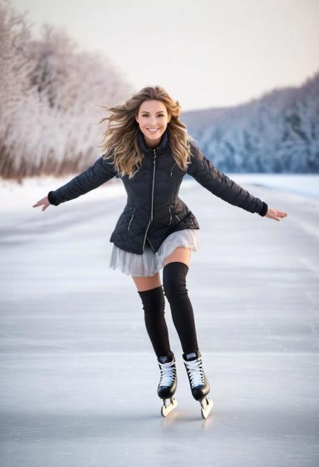 professional photo of a gorgeous woman, skating on a frozen sea, beautiful landscape, snowy trees, peaceful mood, highly detailed, symmetrical face