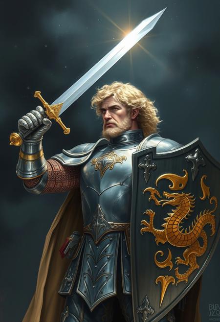 (oil painting style), (extreme quality), (intricate details), (high resolution), a tall man with curly blonde hair dressed in silver and gold full plate armour raises a sword that shines like a star in the dark night. in his other hand he has a large shield with a golden dragon motif