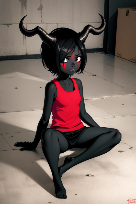 eveTBOI_demon, 1girl, demon girl, colored skin, grey skin, black hair, short hair, hair over one eye, horns, black eyes, fangs, facial mark