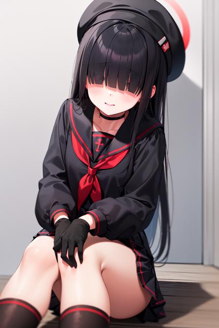 masterpiece, best_quality, 1girl, solo, justice committee club member \(blue archive\), blue archive, black hair, blunt bangs, black choker, black gloves, black headwear, black sailor collar, black serafuku, black shirt, black skirt, black socks, hair over eyes,