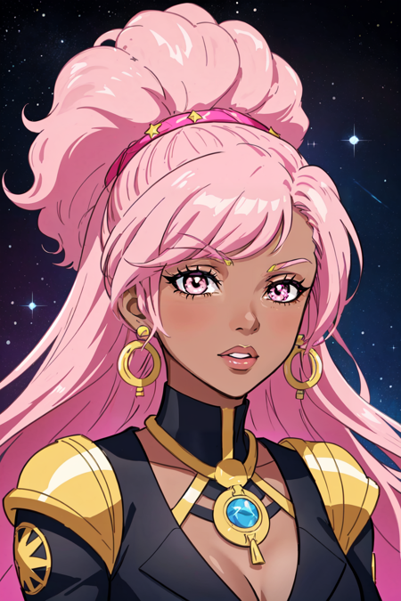 vector illustration of a woman with pink hair and colorful hair, dark skinned woman, african american, neoafro punk vibes, afrofuturism, in the style of dc comics, starpunk, flickr, neogeo, pink