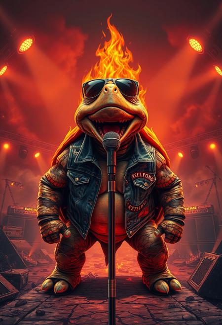 A turtle with a denim vest and flaming shell stands front and center of a post-apocalyptic rock battlefield, surrounded by wrecked amps and scorched instruments. Its face is hyper-detailed, a mix of snarl and ecstasy, mouth wide, teeth bared, and sunglasses crooked as it screams into a mic. Around it, the sky is tinted blood-orange, with spotlights cutting through ash clouds like a rock warzone. The composition is heavily stylized: angled lines, dramatic shadows, and lens flare worthy of an action movie poster. Every detail—the patch-covered vest, cracked stage tiles, and flickering stage signs—adds texture to a world of gritty absurdity. The visual tone is both epic and ironic, portraying a rock hero who is larger-than-life yet hilariously flawed.