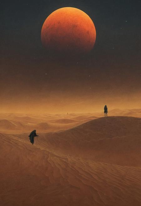 digital artwork by Beksinski, night, desert, epiCPhoto, moon, dune