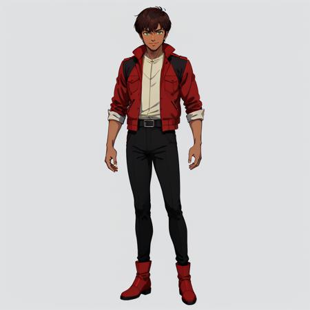 masterpiece,high quality,white background,simple background,
<lora:judauashta001:0.6>,solo,looking at viewer,smile,
judau_ashta,1boy,
short hair,brown hair,green eyes,dark skin,
red jacket,open jacket,
black pants,belt,belt buckle,red footwear,boots,
standing,full body,