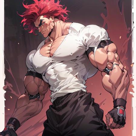 highres,High quality,(Beautiful), ((masterpiece)),vibrant colors,  solo,1boy, abs, biceps, large pectorals, male focus, manly, muscular, muscular male, pectorals, red hair, spiked hair,black shirt, black pants, mechanical arm,cyborg<lora:YujiroV9:1> <lora:Niji:.1>