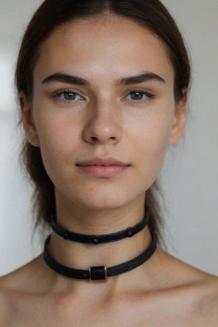 (8k:1.3, masterpiece, best quality, high quality, absurdres, ultra-detailed), headshot portrait, 1girl, solo, natural beauty, chiseled features, androgynous, detailed face, hyper realistic skin, (((characteristic face))), (((high cheekbones, narrow chin, hollow cheeks))), ((innocent, virgin)), (((extravagant leather choker))), ((adorable)), (19 years old), ((black hair)), kind eyes, ((bushy eye brows)), (((random moles))), ((eye reflections)), ((amazing eyes)), white teeth, ((characteristic mouth)), subtle make-up, blushed cheeks, ((full lips)), smokey eyes, ((thick eyebrows)), symmetric face, narrow face, big lips, (teeth gap), slightly squinted eyes, ((characteristic teeth)), soft smooth skin, (((closed mouth))), (((dimples))), pink lips, 
blurred background depicting a bedroom, 
(perfecteyes eyes), (subtle smile), easynegative, CyberRealistic_Negative