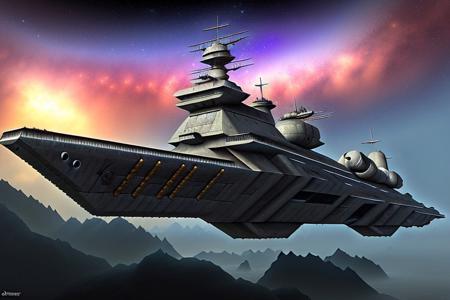 a space pirate battleship among the ruins of an advanced, futuristic city