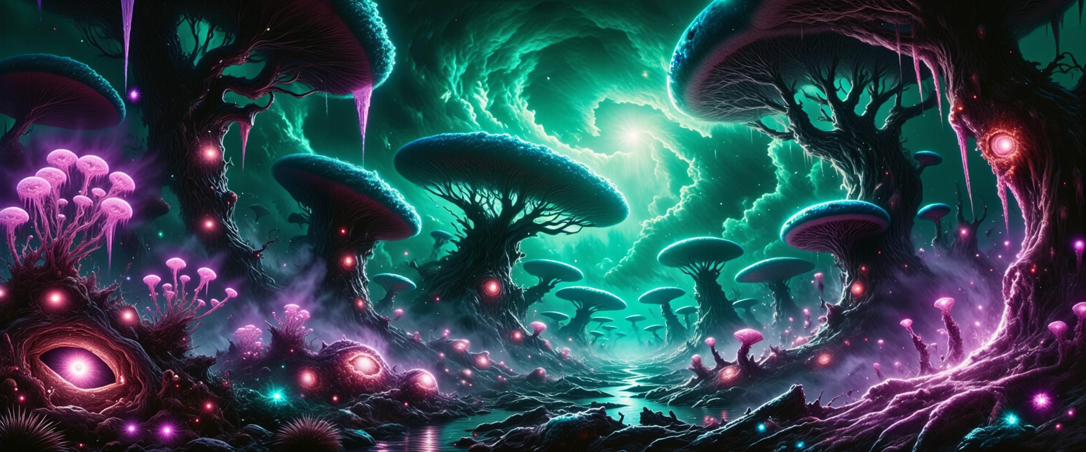 highly detailed painting of an otherworldly and hauntingly beautiful dense alien jungle landscape featuring intricate phenomenal vegetation including surreal eyeball-like plants, a mind-bending, arcane alien landscape with bizarre alien trees under a deep sea-green sky filled with eldritch, swirling, luminous clouds, the jungle is covered in wondrous otherworldly trees with fractal branches and wide treetops, reaching toward the sky, in the foreground, strange, alien plants with blossoms resembling eyeballs grow from the soil, reflecting the faint light from the glowing sky, some of the plants drip thick, viscous sap from glossy blade-like leaves, while others glow with eerie purple bioluminescence, a river of a dark, sluggish liquid winds its way through the landscape, shimmering with iridescent hues, in the background, mysterious arcane vapors swirl gently across tha ground, the landscape is an eerie, alien world where every element feels as if it was alive, aware, and in ambush, the dark jungle and eerie flora blend with the glowing vapors and mist to evoke a haunting, mystical feeling, the gnarled trees are covered in twisted vines and surreal features, eyeball-like blossoms seemingly watching the viewer, thick glossy leaves drip glowing sap onto the ground, forming small pools of shimmering liquid, some trees are draped in lichen, that radiates a soft, rhythmic pulse, casting an ethereal glow that bathes the landscape in faint, otherworldly light, wide-angle, establishing shot that captures the entire landscape in a panoramic view, allowing the viewer to take in the alien flora, the towering trees, and the glowing mists that drift across the land, the perspective gives a sense of being immersed in the strange, otherworldly terrain, the viewer is placed at the edge of the jungle, looking out across the haunting landscape, soft, eerie lighting permeates the scene, with an unnatural glow emanating from the sky and the ground itself, glowing vapors swirl across the landscape, casting ethereal light and long shadows, the light from the strange plants and trees casts eerie reflections on the surface of the dark, flowing river, faint glowing trails drift through the air, subtle light radiates from the blossoms and leaves, adding to the surreal, haunting feel, oil on canvas, the color palette blends deep purples, dark teal, inky blacks, and shades of green with eerie, glowing highlights of cyan, red and purple, capturing the haunting, otherworldly beauty of the scene, delicate lighting effects enhance the surreal quality, nebula in the sky, james webb space telescope, style of alena aenami, <lora:style-alena_aenami-flux-by_tangbohu:0.48> <lora:james_webb_space_telescope-flux-by_motimalu:0.4> <lora:style-fantastic_landscapes-flux-by_artifyai:0.44> <lora:image_enhancer-flux-by_dever:1.0>