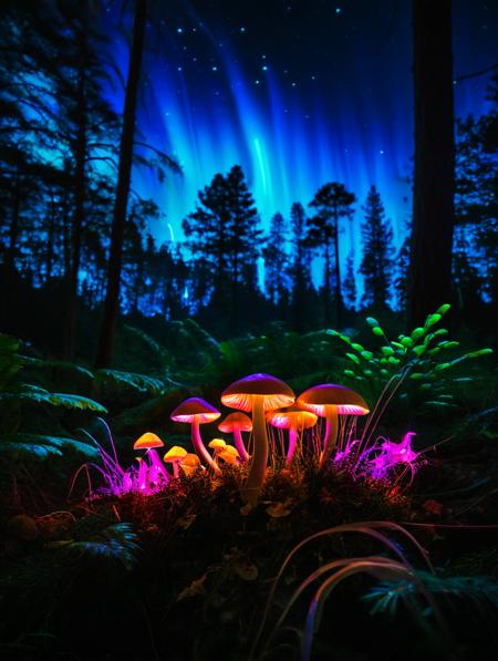 alien hallucinogenic mushrooms in the forest with surrealist landscape, in the night, lights at the background, neon, vivid colors, like a futuristic place, alien plants <lora:SDXLHighDetail_v5:1>, long exposure photography, streaking lights, smooth motion, dreamy landscapes, ethereal atmosphere, light painting, creative expression, time manipulation, surreal effects, captivating visuals, artistic interpretation, immersive experience, unique perspective