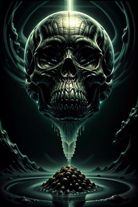 A close-up photorealistic image of a crystallic floating skull facing unique view with its mouth open, pouring from it's mouth a shimmering liquid resembling the universe onto the ground, filled with rich stars and swirling galaxies. A simple void background enhances the dark atmosphere, shrouded in fog, capturing the hypnotic flow and shimmer of the cosmic liquid,