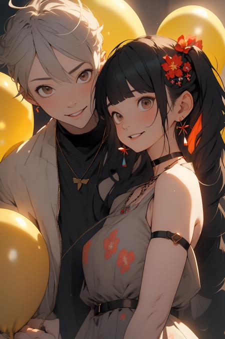 <lora:Nijidefault_20230622033258:0.9>, niji,1girl, 1boy, jewelry, hetero, smile, blush, hair ornament, balloon, long hair, necklace, choker, looking at another, shirt, couple, hair flower, earrings, brown eyes, red choker, brown hair, grey hair, open mouth, flower, upper body, black shirt, short hair, bracelet, bangs, holding, masterpiece, best quality,