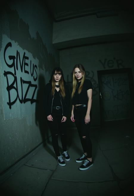“A moody and atmospheric scene featuring two young women in an abandoned, dimly lit urban space with graffiti-covered walls. The girls are dressed casually, with a slight punk or alternative vibe, wearing dark clothes and sneakers. On one wall, a bold, decayed writing reads ‘GIVE US BUZZ,’ scrawled in large, uneven letters as if done hastily. The lighting casts dramatic shadows, emphasizing the texture of the peeling paint and cracked concrete. The mood is mysterious and edgy, with a sense of urban decay and rebellion.”