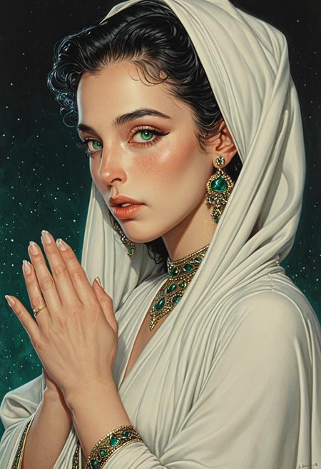 DRAWING of a realistic woman, portrait, Zephyra is an enchanting vision, her beauty a perfect blend of Middle Eastern exoticism. Alabaster skin, dusted with a golden glow, frames striking features: high cheekbones, a regal nose, and full, sensuous lips. Her dark hair, adorned with a few subtle streaks of auburn, falls in soft waves down her back, accentuating her porcelain complexion. Her eyes, a mesmerizing emerald green, sparkle with intelligence and mystery.
Her figure is a masterpiece of feminine curves, with a narrow waist, pert breasts, and a plush, rounded derrière. Delicate jewelry adorns her hands and throat, hinting at the rich cultural heritage that courses through her veins. Her style is understated elegance, often opting for form-fitting abayas or flowing kaftans that accentuate her shape without revealing too much. The conservative attire only serves to fuel the imagination, as one can't help but wonder what secrets lie beneath the fabric.
Despite the modesty of her outfits, Zephyra's presence exudes a quiet sensuality, her confidence and poise radiating an unmistakable allure. She carries herself with a graceful, fluid ease, as if every movement is choreographed to showcase her beauty. Her beauty is a captivating facade, but it's the fire in her eyes and the depth of her character that truly sets her apart. Creative angle, (masterpiece), [ArsMJStyle, Colored pencil hyperdetailed realism]
