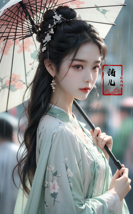 A woman holds a oil-paper umbrella on her shoulder to shelter from the rain as part of a fashion event in the style of Yue Xiaofei, light jade, ethereal dream, Tang Youhong, elegant, detailed design, dansaekhwa
Joil-paper umbrellachinese clothesholding umbrellarain
<lora:~Q?-ON-Noil paper umbrella:0.9>