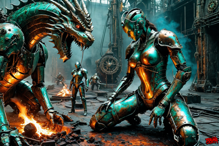 Generate a hyper-detailed photorealistic image portraying a battle-weary robot warrior locked in a fierce engagement with a colossal metallic dragon, set in a neo-steampunk future. Highlight the patina-coated armor of the combatants amidst the low warm light emanating from molten metal below. The smelting chamber is enveloped in mist, showcasing broken crucibles and the warrior kneeling amidst forge ashes. The warrior's expressionless gaze exudes mechanical serenity as they clash with the dragon, captured from a dynamic Dutch angle that conveys both chaos and symmetry in the scene. Emphasize the gritty realism of the mechanical textures, sparks, and impact of their conflict, avoiding any painterly effects. Explore the chaotic beauty found in decay, with intricate details like a mechanical necklace with a glowing core adding depth to the narrative. Omit any elements of horror, focusing instead on elevating the tangible, photographic quality of the scene., patina metal skin
