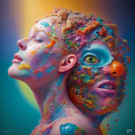 a hyper detailed( (surreal:0.3):0.6) abstract acrylic painting of a woman,
deformed forms,
evocative subjects,
rim light,
colorful sunlight,
thomas desjardins,
deijardon,