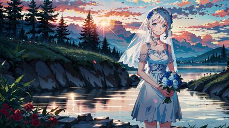 masterpiece,best quality,
1girl, bare shoulders, white hair, veil, blue eyes, very long hair, grin, bouquet, day, dress, flower, holding, holding bouquet, lake, looking at viewer, nature, outdoors, red flower, rose, solo, standing, tree, water, water drop, waterfall, wet
sky, cloudy sky, building, sun