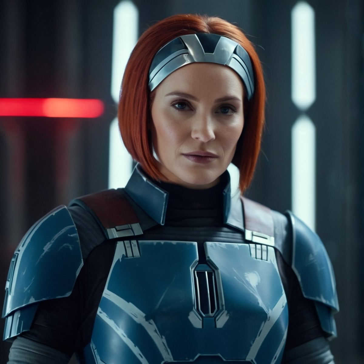 cinematic film still of  <lora:Bo-Katan Kryze:1.2>
Bo-Katan Kryze a red hair woman in a futuristic blue suit in star wars ...