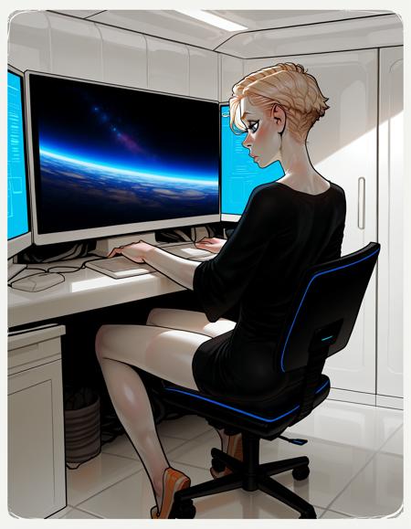 IllustriousQual, detailed face,
very tall woman, solo, very short blonde hair, pixie cut, blue eyes, pale skin, small breasts, very long legs,
on a space station, wearing along oversized t-shirt, sitting, working at a computer,
from behind,
<lora:incaseIllustrious:0.8> incase style,