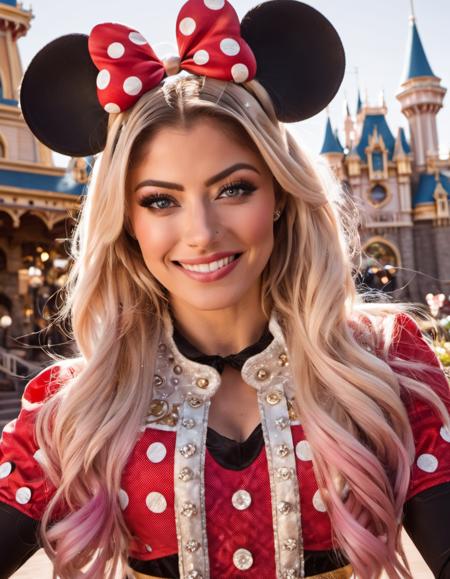 cinematic photo cowboy shot of  ((bebe rexha)),embarrassed, detailed beautiful face, girls, dating in disneyland, cinematic light, smile, sunlight, light aura, bokeh,(minney mouse:3), <lora:Alexa-000004:0.9>,