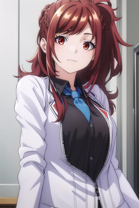 kaedekazama, <lora:kaede kazama s1-lora-nochekaiser:1>,
kaede kazama, long hair, bangs, (red eyes:1.3), ponytail, braid, sidelocks, red hair, smile,
BREAK skirt, shirt, long sleeves, school uniform, jacket, necktie, collared shirt, uniform, (black shirt:1.5), (white jacket:1.5), blue necktie,
BREAK indoors, classroom,
BREAK looking at viewer, (cowboy shot:1.5),
BREAK <lyco:GoodHands-beta2:1>, (masterpiece:1.2), best quality, high resolution, unity 8k wallpaper, (illustration:0.8), (beautiful detailed eyes:1.6), extremely detailed face, perfect lighting, extremely detailed CG, (perfect hands, perfect anatomy),