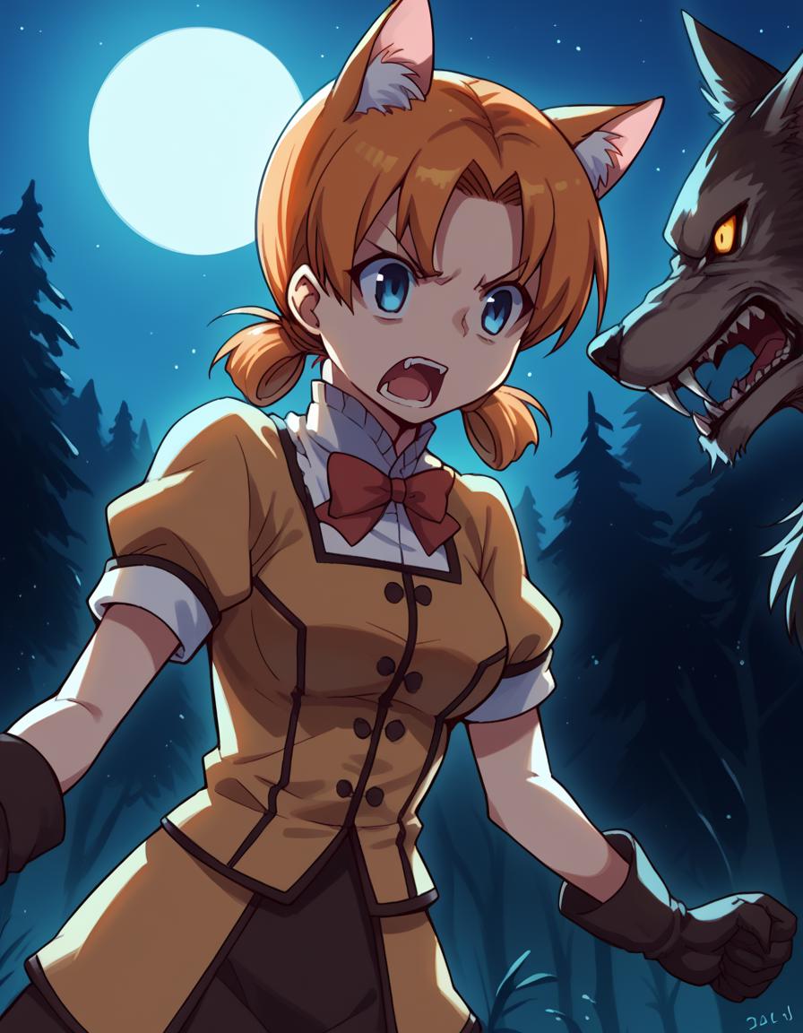 score_9, score_8_up, score_7_up, source_anime, <lora:sachi-momoi-s2-ponyxl-lora-nochekaiser:1>, sachi momoi, short hair, blue eyes, twintails, orange hair, short twintails, medium breasts,, <lora:werewolf-ponyxl-lora-nochekaiser:1>, werewolf, furry, fangs, animal ears, gloves, angry, teeth, animal ear fluff,, forest, night, moon, open mouth, , dutch angle, cowboy shot