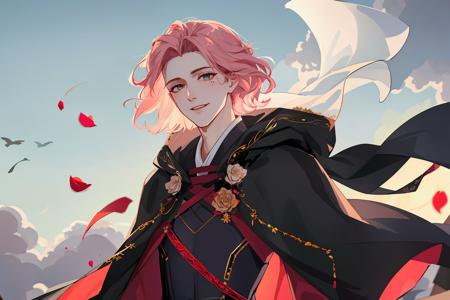 ((masterpiece:1.2, best quality)), 4k, 1boy, adult, Forehead, Undercut, wavy pink hair, yellkow eyes, fancy robe with many decorations, fluttering cloak, cowboy shot, evil smile, fluttering petals, rose flowers, Shining white particles, tremendous cloud, dusk, swirling wind, extremely detailed face