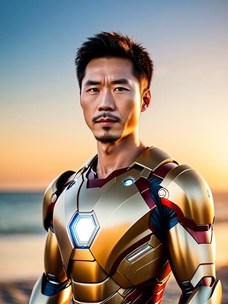 chinese man,(iron man:1.1),close up,bokeh,real human with perfect anatomy,beach,golden hour,huge filesize,reality,realistic,