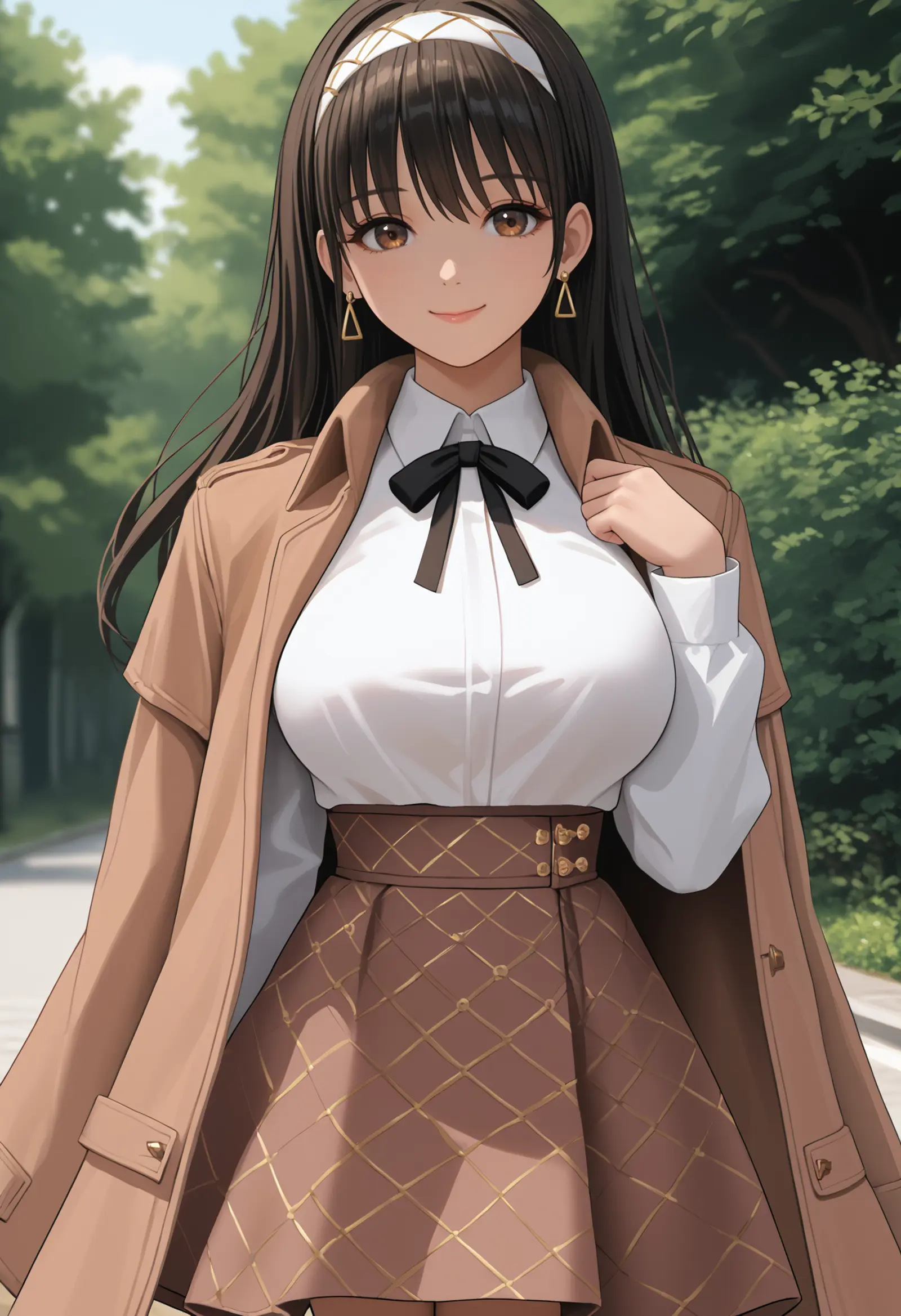 A young woman with long dark hair and brown eyes standing on a pathway surrounded by dense greenery. She is dressed in a stylish outfit consisting of a white hairband and blouse with a black bow at the collar, a brown skirt, an overcoat that matches the skirt and two golden triangular earrings. 