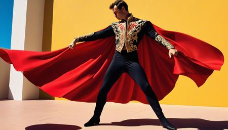 dramatic matador in ornate gold-embroidered jacket, tight black pants, looking down to his left with intense concentration, holding a red cape swirling dramatically around him, graceful dancer-like pose, one arm extended holding cape, body twisted in elegant motion, traditional Spanish bullfighter outfit,, vibrant acrylic painting style, bold flat colors, clean geometric compositions, bright California sunlight, crisp shadows,  saturated color palette, smooth gradients, minimal detail work, contemporary pop art influence, architectural precision, optimistic 1960s atmosphere,