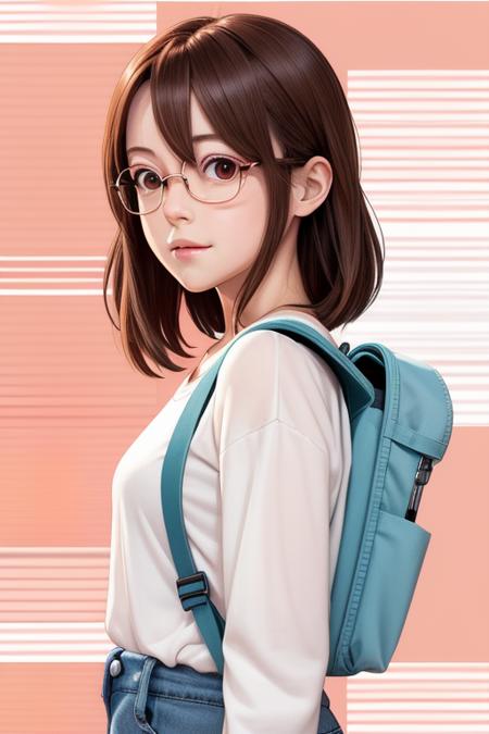 chiharu_red, wearing backpack, white shirt, blue jeans, sitting