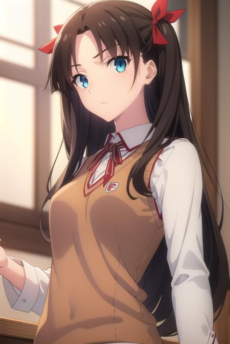 rin tohsaka, aqua eyes, (black hair:1.2), hair ribbon, long hair, ribbon, sidelocks, two side up, (parted bangs:1.5), black skirt, black thighhighs, long sleeves, miniskirt, pleated skirt, red sweater, skirt, sweater, thighhighs, turtleneck, (brown sweater vest:1.2), collared shirt, homurahara academy school uniform, neck ribbon, red ribbon, ribbon, school uniform, shirt, sweater vest, white shirt, skirt, thighhighs, long sleeves, pleated skirt, black thighhighs, black skirt, scarf, zettai ryouiki, coat, (red coat:1.2), orange scarf,