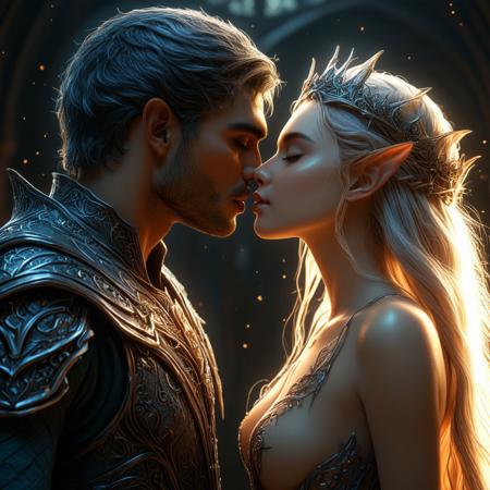 brutal handsome man kissing a beautiful elven queen, magical, sci-fi, beautiful, unimaginable, 
very dramatic, naturalistic, photorealistic, highly detailed digital art, science vs fantasy, 
accurate intricate and realistic anatomy, 
soft lighting, Cinematic, Color Grading, Editorial Photography, volumetric lighting, atmospheric, Photography,