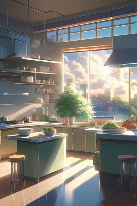 <lora:Makoto Shinkai Style:1>Makoto Shinkai Style - Illustrate a modern, open-concept kitchen with meticulous precision, emphasizing the sleek lines, glossy surfaces, and accurate lighting to create a crisp and clear depiction of the elegant design and functionality, by Makoto Shinkai.