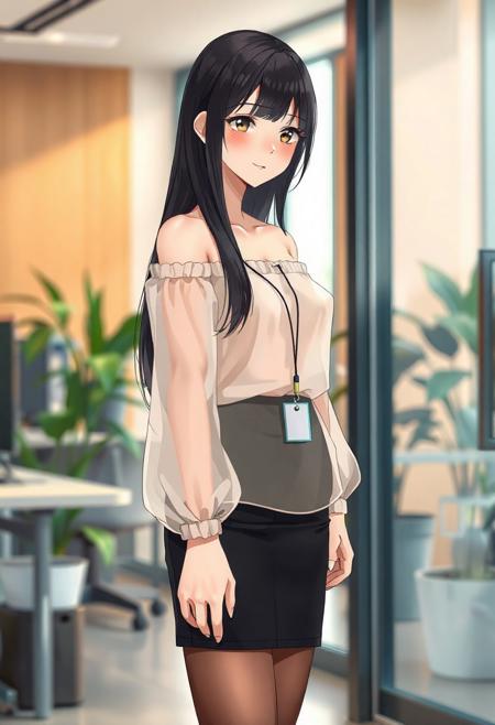 Anime-style shy and beautiful young female secretary standing in a modern office during the day. She has long, smooth black hair and gentle eyes, looking slightly down with a shy smile. She wears an elegant off-shoulder summer transparent thin blouse without straps, with long flowing sleeves, slightly sheer and soft, tucked into a  black pencil transparent very mini skirt that ends just above the knees. She also wears thin, transparent black stockings and modest black heels. A small ID badge hangs subtly at her waist, adding to her reserved posture. Her cheeks are slightly flushed, giving a blushing expression as she stands near the office entrance, uncertain where to go. Background includes bright natural lighting, indoor plants, office desks, and soft shadows. The overall tone is warm and welcoming, with a soft-focus anime style and subtle bokeh effect in the background. Full-body composition, delicate lighting, cinematic mood.