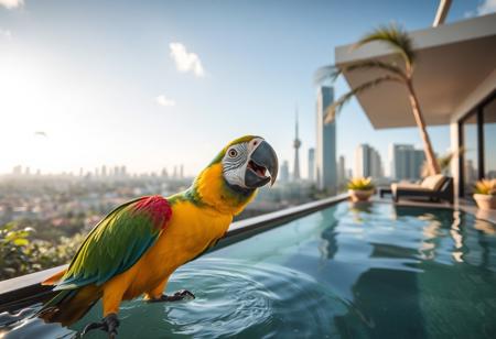 Happy parrot, playing in water,  drinking, thristy, daylight  penthouse, tropical city, morning, skyscraper, distant city,