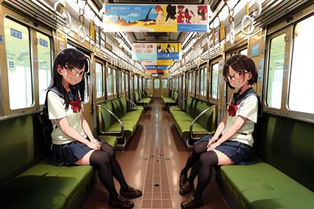 masterpiece, best quality, ultra-detailed, illustration,
Hankyu3000, train interior,
1girl,teenage,glasses, black hair, school uniform, school bag, smile, happy, laughing,