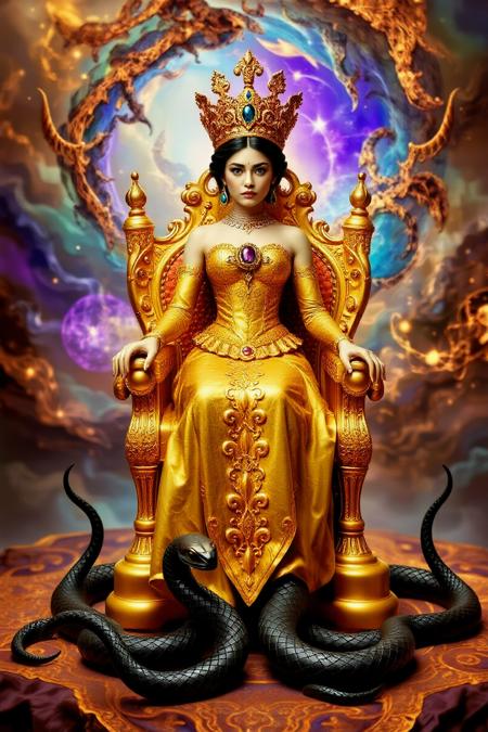 pin cushion queen on a golden throne with black metal snakes at her feet. The background dissolves into a dreamlike landscape of swirling colors and abstract shapes, creating an atmosphere of mystical connection and hypnotic beauty.