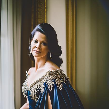 close up candid photoshoot indoor young teen (Catherine Zeta-Jones:0.8) wearing a sparkling vintage 90's era formal prom gown posing in front of a suburban family stairway with family pictures on the walls indoor lighting   Cinema768-Analog