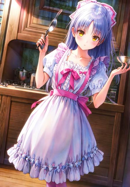 1girl, tenshi_\(angel_beats!\), apron, bangs, bow, collarbone, eyebrows_visible_through_hair, frilled_apron, frilled_skirt, frills, hair_bow, hair_ribbon, heart, indoors, ladle, long_hair, looking_at_viewer, pink_apron, pink_bow, pink_ribbon, plaid, ponytail, purple_hair, red_bow, ribbon, shirt, short_sleeves, silver_hair, skirt, solo, standing, very_long_hair, whisk, white_bow, wooden_floor, yellow_eyes <lora:style_gotoP:1>