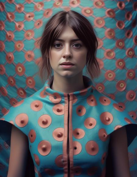 DaisyEdgarJones, art by Claude Melan, photograph, Stirring Rickety Woman, designed by Orcs ð, wearing Cape in Circles patterns, JoJo pose, Hurricane, soft focus, Fearful, film grain, Nikon d3300, L USM, anaglyph effect, <lora:DaisyEdgarJonesSDXL:1>