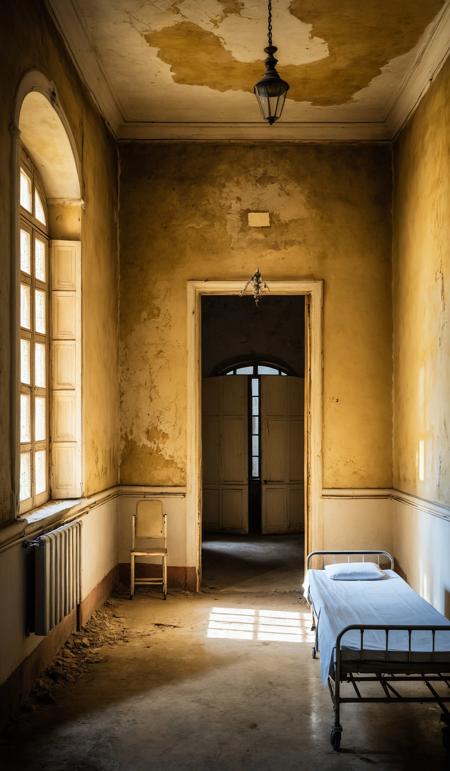Decrepit and aged hospital room. Beginning of 18th century. Border between France and Spain, national geographic photo, breathtaking photograph, dramatic light, award-winning, professional, minimalistic, warm atmosphere, cinematic look, perfect composition, golden ratio, <lora:SDXLHighDetail:1>, <lora:add-detail-xl:1>