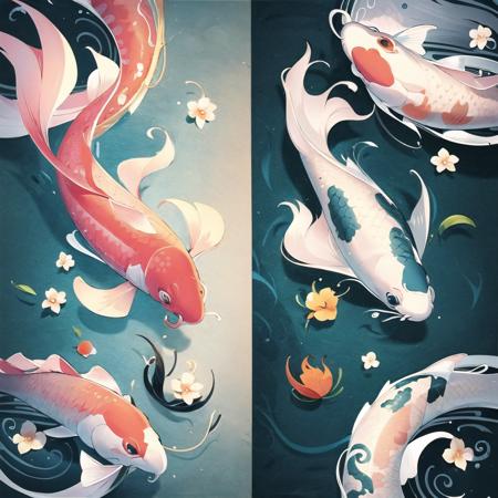 yin-yang_fish,illustration,Painting,no humans,fish,animal,animal focus,underwater,<lora:yin-yang_fish:0.7>,