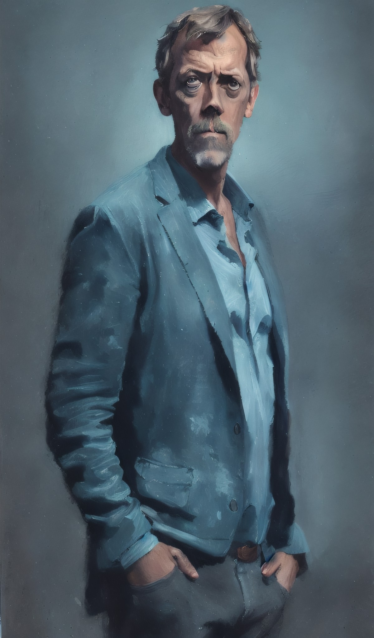 (painting by mse) portrait of a award winning photo of hugh laurie posing in a dark studio, (rim lighting,:1.4) two tone l...