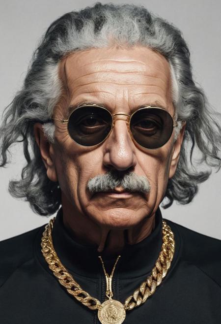 closeup portrait of Albert Einstein with him wearing a black Adidas style tracksuit and gold chains and Rayban style sunglasses, serious look, moody, highly detailed, high contrast, white background