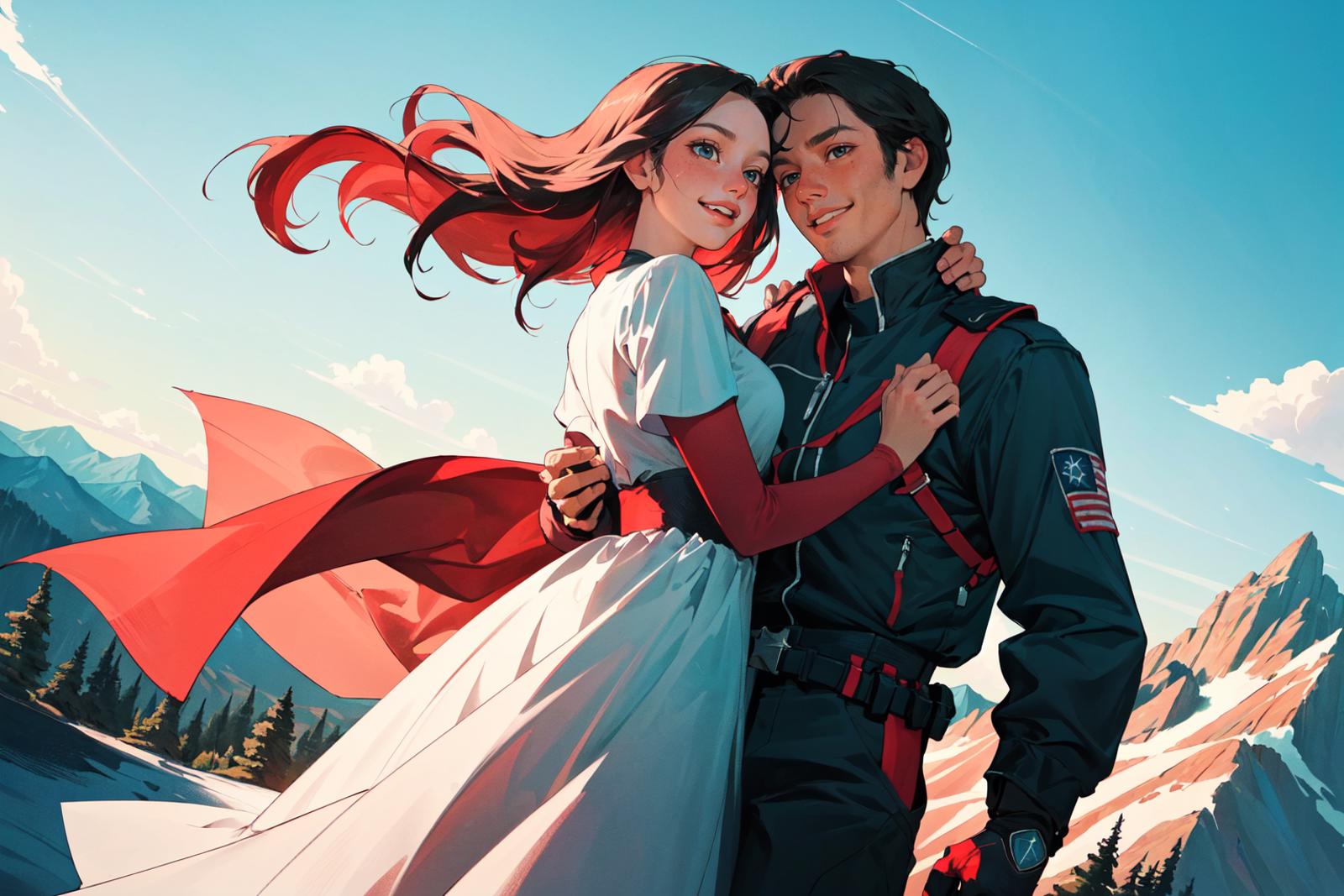 A cartoon image of a man and woman, both wearing red, as they embrace and look at each other.