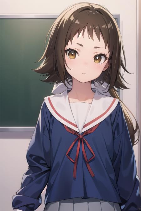 mashiromitsumine, <lyco:mashiromitsumine-lyco-nochekaiser:1>,
mashiro mitsumine, (brown eyes:1.5), brown hair, ponytail, (flat chest:1.2),
BREAK grey skirt, long sleeves, neck ribbon, red ribbon, ribbon, sailor collar, school uniform, skirt, white sailor collar, (blue shirt:1.5),
BREAK looking at viewer, full body,
BREAK indoors, classroom,
BREAK <lyco:GoodHands-beta2:1>, (masterpiece:1.2), best quality, high resolution, unity 8k wallpaper, (illustration:0.8), (beautiful detailed eyes:1.6), extremely detailed face, perfect lighting, extremely detailed CG, (perfect hands, perfect anatomy),