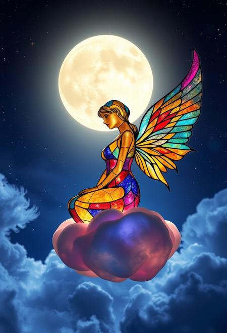 a garden statue design of a mystical nighttime scene where a woman figure, meticulously crafted from vibrant stained glass, serenely sits upon a, stained glass cloud. The cloud is suspended amidst a dark, star-studded sky, with a soft, luminescent full moon casting an ethereal glow. The woman's form is rendered entirely in stained glass, with delicate, intricate lines tracing the contours of her body. Her wings, also fashioned from stained glass, stretch out from her back, showcasing an astonishing level of detail and craftsmanship. The wings' connecting parts are accentuated by a latticework of fine, shimmering lines, evoking a sense of fragility and wonder. The overall effect is one of dreamlike enchantment, as if the woman might take flight at any moment, leaving a trail of glittering, colorful shards in her wake. Highest-Quality, 4k, intricate details, visually stunning, Masterpiece