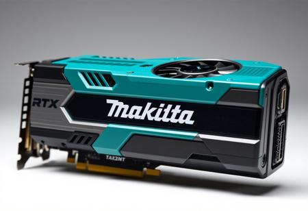 Shockproof construction computer video card made by Makita. Shockproof construction tool style video card RTX. "Makita" logo on the body.