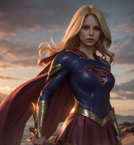 supergirl costume, a photo of sks woman, hair blonde ((detailed face)), ((canon m50)), ((award winning)), (High Detail), Sharp, 8k, Cinematic lighting, soft lighting, greg rutkowski, trending on artstation, intricate, gothic clothing, victoria secret,